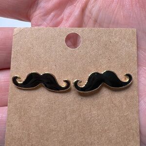 Black Enamel Moustache Gold Tone Stud Earrings